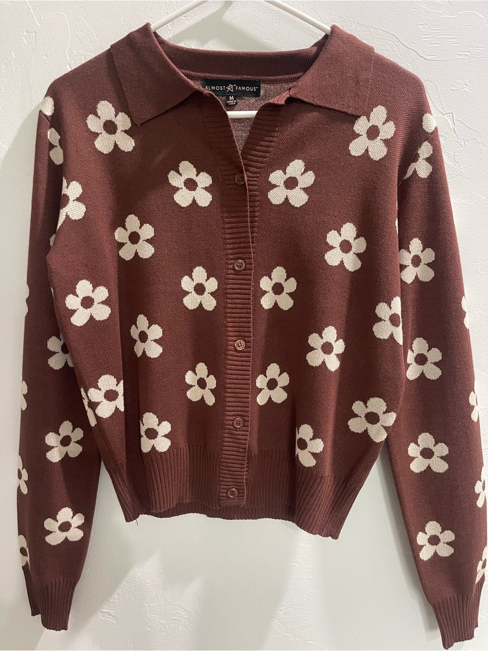 Almost Famous Brown Cardigan with Cream Floral Pattern
